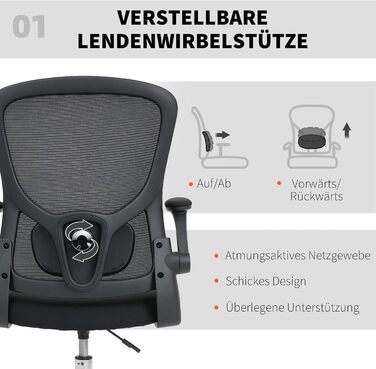 Офісний стілець HOMCOM Ергономічне робоче крісло з відкидними підлокітниками, регульованим кільцем для ніг та 4D поперековою опорою, регульоване за висотою поворотне крісло для малювання з сітчастою тканиною, чорний колір
