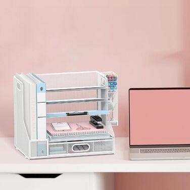 Органайзер для робочого столу з тримачами для файлів, 5-ярусний сітчастий лоток для паперу з тримачем для ручок та шухлядою для канцелярського приладдя, білий