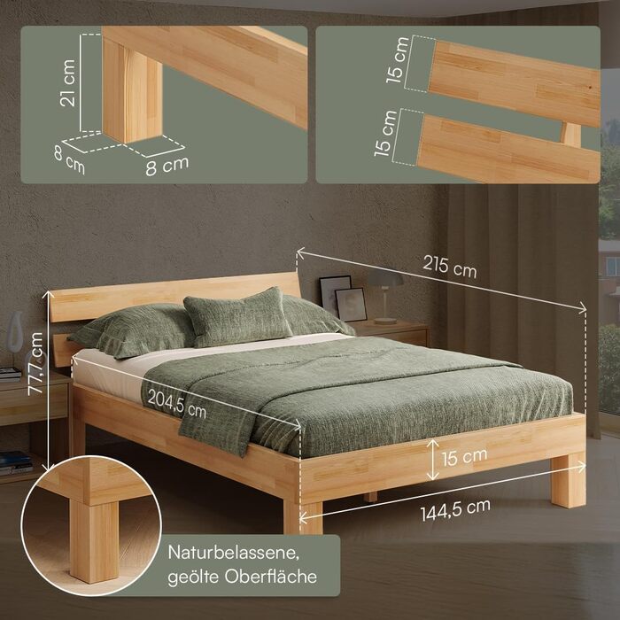 Ліжко Skølm Floki з масиву дерева 140x200 см з бука - високоякісний каркас ліжка - каркас ліжка з узголів&39ям - дерев&39яне ліжко з натуральним промасленим покриттям - ліжко 140x200 см, підходить як двоспальне ліжко - футон 140x200 см з узголів&39ям