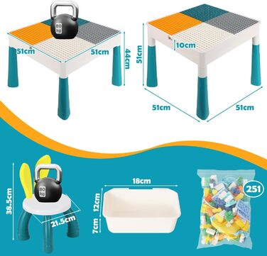 Дитячий стіл з 2 стільцями, ігровий стіл для дітей з 251 будівельним блоком, багатофункціональний ігровий стіл для дітей віком від 2 років з місцем для зберігання, креативний ігровий стіл з будівельних блоків, набір будівельних блоків 5551 см