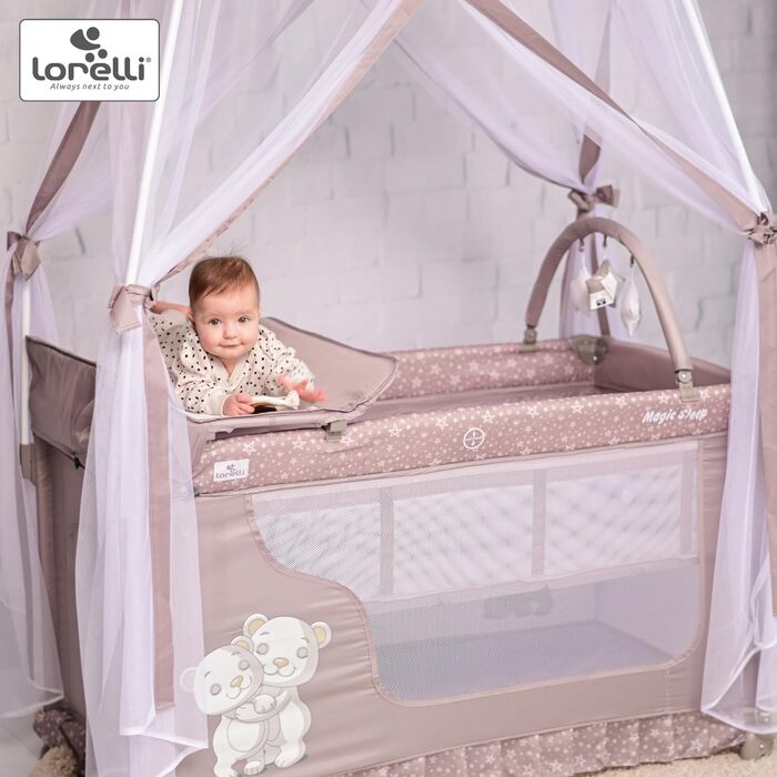 Дитяче ліжечко та манеж Lorelli 3-в-1, ліжко-балдахін Magic Sleep з 2 рівнями, ліжечко від народження, дитяче дорожнє ліжечко, пеленальний килимок, колеса, сумка, рожевий