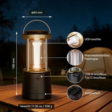 Світлодіодний кемпінговий ліхтар Lepro, акумуляторний, 2000 люмен, 5-рівневий регульований прожектор, водонепроникний аварійний ліхтар IPX4 з акумуляторним зарядним пристроєм, підходить для відключень електроенергії, походів та інших сценаріїв, чорний