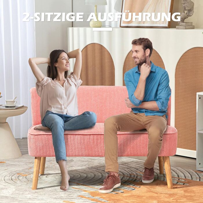 Місний диван HOMCOM, невеликий двомісний диван з вельветовим ефектом, сучасний м&39який диван для вітальні, спальні, невеликого простору, рожевий, 117 x 56,5 x 77 см, 2-