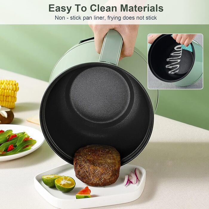 Електрична каструля, електричні фондю 1,7 л, портативна каструля з антипригарним покриттям, мультиварка з подвійним регулюванням потужності для смаження, стейків, пасти, раменної плити в гуртожитку та квартирі (зелений1)