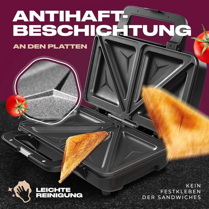 Бутербродниця ProfiCook Американські сендвічі XXL Скибочки тостів Електричний тостер для сендвічів Дуже великі сендвіч-панелі (з антипригарним покриттям) Бутербродниця потужністю 900 Вт PC-ST 1092 Одномісний