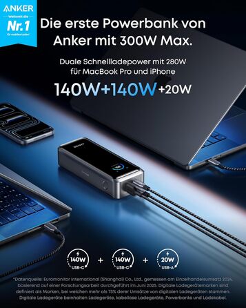 Портативний зарядний пристрій Anker Prime Power Bank, 26250 мАг, з 3 портами та вихідною потужністю 300 Вт, двонаправлена зарядка, схвалено TSA, керування за допомогою застосунку, для MacBook, iPhone серії 17/16 та інших (без зарядної бази) 26250 мАг 300 