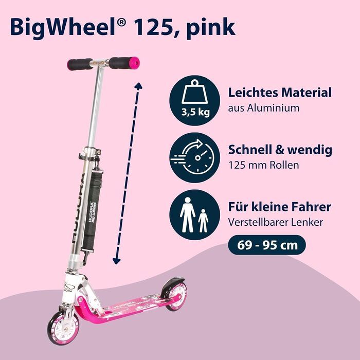 Дитячий самокат HUDORA BigWheel 125 надійний алюмінієвий міський самокат, складаний, з регулюванням висоти, витримує до 100 кг, з ременем для перенесення, рожевий