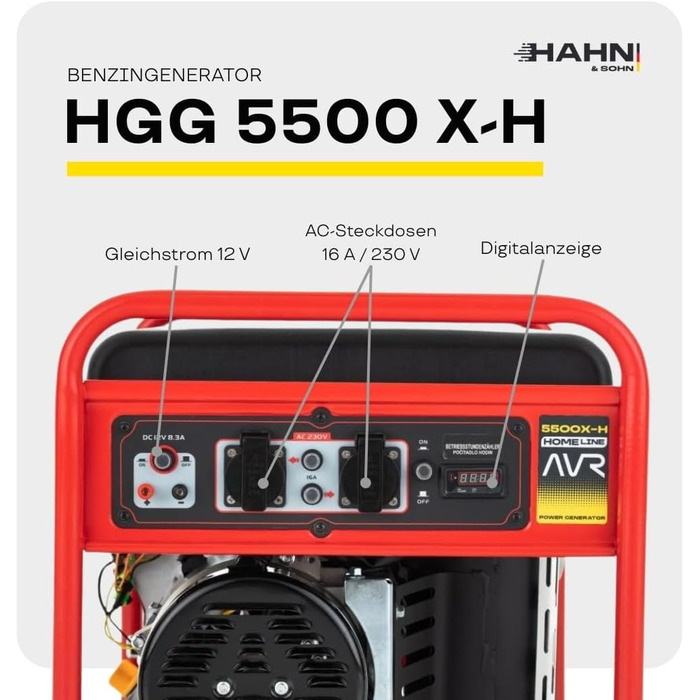 Бензиновий генератор потужністю 5 кВт Тихий генератор з автоматичним регулюванням напруги (AVR) Бак 18 л До 9,2 годин (при 50 навантаженні) роботи для комерційного та приватного використання, 96 дБ/А Бензиновий генератор потужністю 5 кВт