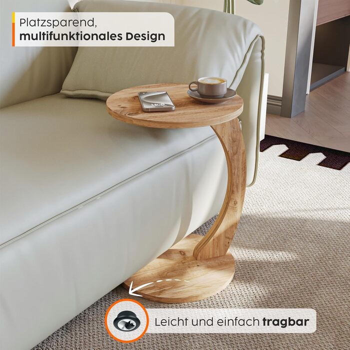 Журнальний столик на колесах, невеликий С-подібний приставний столик, приставний столик до дивана, стильний диванний столик з красивим виглядом горіхового дерева, круглий приставний столик, ідеальний для дивана та вітальні, С-подібний горіх