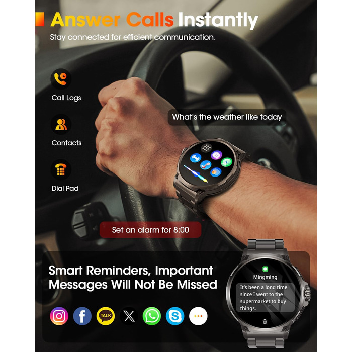 Чоловічий військовий смарт-годинник з великим HD-дисплеєм 1,92 дюйма, акумулятором 1000 мАг, фітнес-годинник з понад 120 спортивними режимами, водонепроникністю 5 атм, функцією телефону, пульсометром, монітором сну, спортивним годинником для iOS та Androi