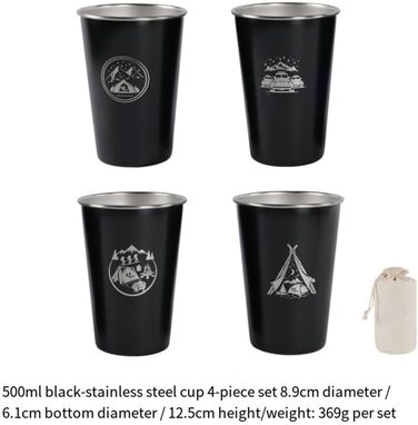 Набір з 4 кемпінгових чашок з нержавіючої сталі об&39ємом 500 мл, для походів та подорожей на природі, нержавіюча сталь 304, штабельовані, легкі, з сумкою для зберігання