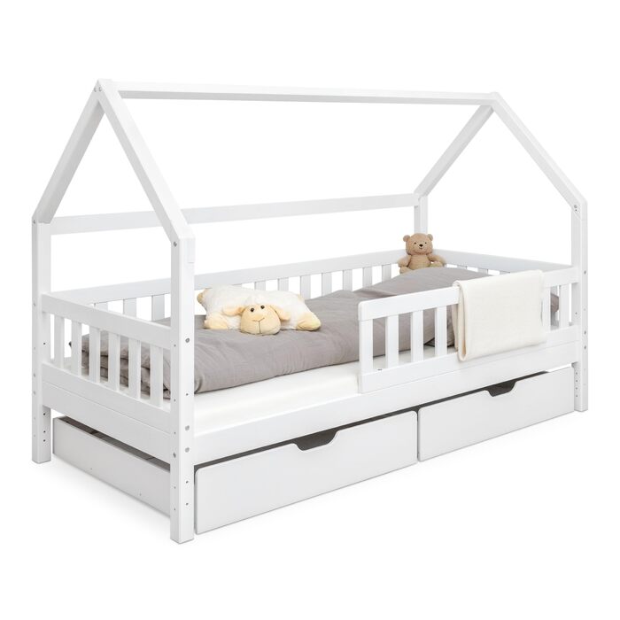 Ліжко Ehrenkind Lille House Дитяче ліжко зі знімними захисними поручнями з масиву дерева, сертифіковане FSC, включаючи шухляди Ліжко House 90x200 Дитяче ліжко 90x200 Біле 90 x 200 см з шухлядами