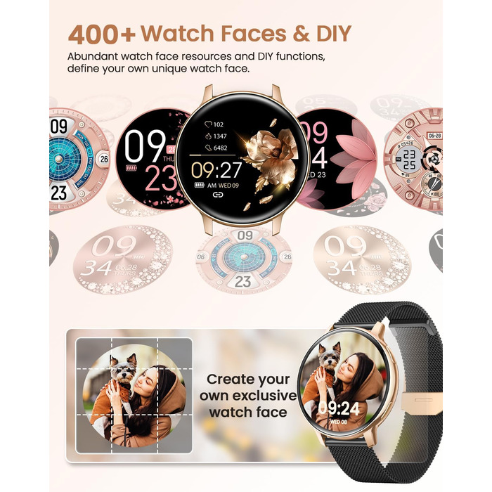 Жіночий круглий смарт-годинник, фітнес-годинник з функцією телефону, 24-годинний монітор серцевого ритму, відстеження SpO2, відстеження менструального циклу, понад 120 спортивних режимів, відстеження сну, водонепроникність IP68, крокомір, сумісний з iOS/A