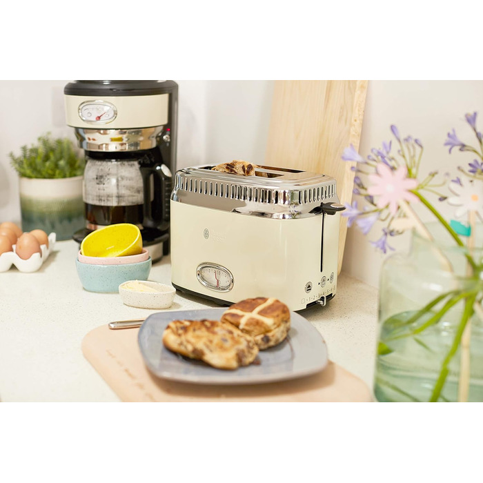 Тостер Russell Hobbs на 2 скибочки ретро з нержавіючої сталі кремовий (дисплей зворотного відліку в ретро-дизайні, в т.ч. решітка