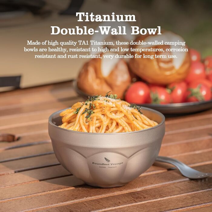 Титанова миска Boundless Voyage з подвійними стінками, для активного відпочинку, кемпінгу, металева миска, надлегка, портативна миска для вівсянки, рису, супу, йогурту, салату (500 мл - Ti1171t) 500 мл - Ti1171t