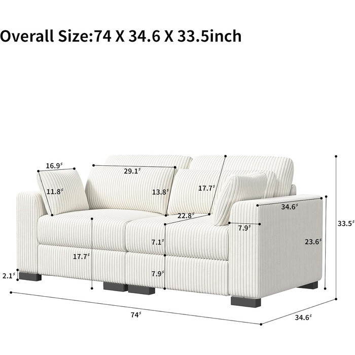 Місний диван, модульний вельветовий диван, м&39який диван, модульні дивани, вітальня, 2-місні дивани з подушками, низькі дивани, ліжка, крісла для відпочинку (бежевий, 2-місний) Бежевий 2-місний, 2-