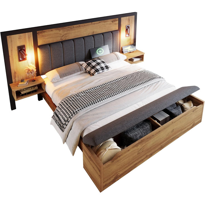 Двоспальне ліжко з м&39якою оббивкою, каркас ліжка з лампою для читання та USB-портом, тумбочка та лавка з місцем для зберігання речей, каркас ліжка з рейковою основою з металу, дерева та льону, дуб (без матраца) (180200 см)