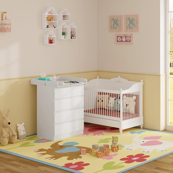 Пеленальний столик WOLTU зі знімною стільницею для пеленання, дитячий пеленальний столик, полиця для пеленання, комод з 4 шухлядами, висота 110 см, білий глянцевий білий глянцевий білий