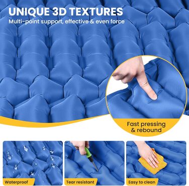 Килимок для сну для кемпінгу, надлегкий надувний кемпінговий матрац з ножним насосом та подушкою, складний водонепроникний надувний матрац, килимок для сну з антиріпстопним покриттям для походів, пляжний, для використання на свіжому повітрі, темно-синій