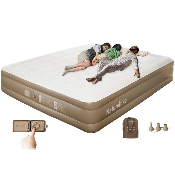Надувний матрац Naturehike для 3 осіб, що самонадувається, з насосом на батарейках - надувне ліжко для гостей 200x180x38 см для кемпінгу та дому, легкий, зручний та швидко надувається, коричневий/3 особи/38 см