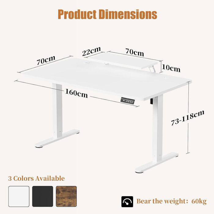 Стіл з регульованою висотою та підставкою для монітора 160 x 70 см, стіл з електричним регулюванням висоти, стіл для роботи сидячи та стоячи, комп&39ютерний стіл, стіл з регульованою висотою для роботи стоячи, білий 160x70 см