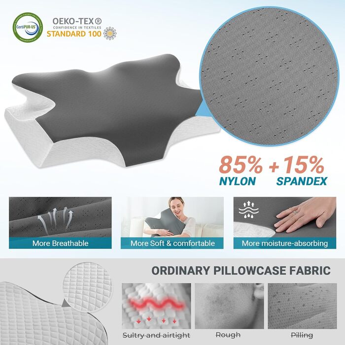 Ортопедична подушка Elviros з піни з ефектом пам&39яті, ергономічна подушка для шиї, подушка для голови для сну на боці, охолоджувальна подушка для підтримки шиї зі знімною наволочкою для сну на спині та животі, колір &quotкосмічний сірий&quot, 64(11,5/13
