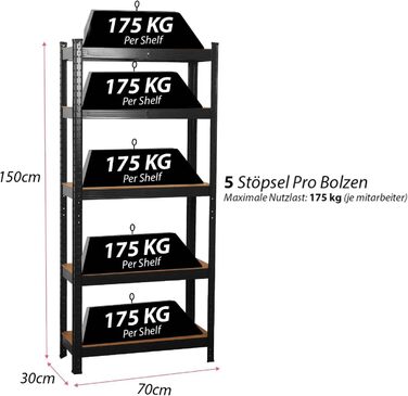 Високоякісний міцний стелаж, кріпильні елементи в комплекті, вантажопідйомність 875 кг, 5 регульованих, міцних полиць з МДФ для зберігання, підвалу, гаража, льоху, майстерні (чорний, 70x30x150 см)