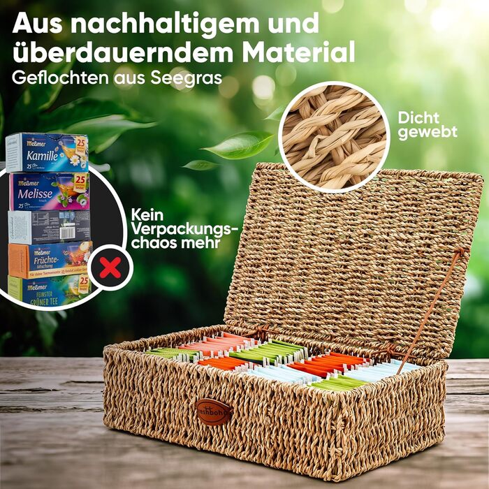 Чайна коробка для чайних пакетиків, сплетена з морської трави дуже великі відділення Коробка для зберігання чайних пакетиків для всіх видів чаю Коробка для зберігання чайних пакетиків Виберіть варіант