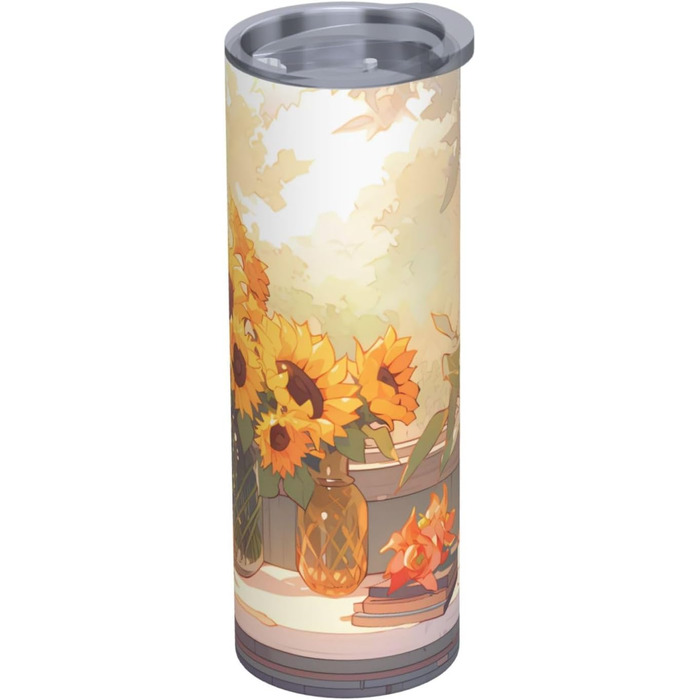 Кухоль з прямою трубочкою, соняшники під підвіконням, дорожній кухоль з принтом, підходить для кемпінгу, офісу та дому, 590 мл