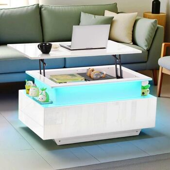 Журнальний столик з регульованою висотою, глянцевий стіл для вітальні зі світлодіодним підсвічуванням, відкритою полицею для демонстрації та 2 шухлядами, сучасний, 85 x 50 x 45 см, білий