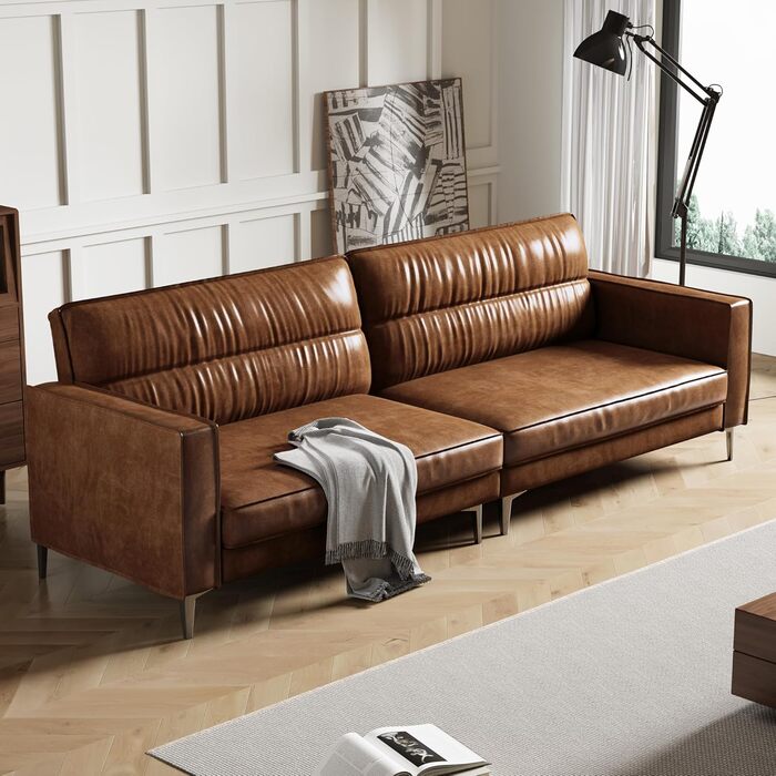 Місний диван під вінтажну шкіру Компактний диван зі штучної шкіри з ґудзиками, металевими ніжками та прямими підлокітниками, коричневий Ретро-диван для вітальні, офісу або невеликої квартири (гладка версія) 220 см гладка версія, 3-