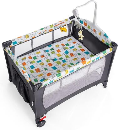 Дитяче ліжечко LIFEZEAL з матрацом, складне дитяче ліжечко з пеленальною дошкою та іграшками, дорожнє ліжечко з тканини Оксфорд, 2 рівні, регульована висота, вантажопідйомність 10/15/10 кг (сірий колір)