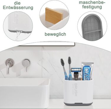 Тримач для зубних щіток PARKMANI, тримач для електричних зубних щіток для органайзера для ванної кімнати, знімний органайзер для зубних щіток для ванної кімнати зі зливним отвором для сімї, дітей (білий)