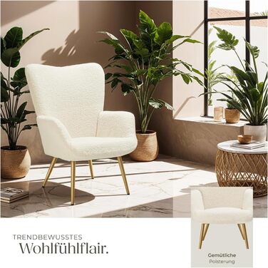 Крісло tectake у скандинавському стилі з крильцями, крісло Teddy Hygge, вельветове крісло для вітальні, спальні, їдальні, вишукане крісло-гостина, вантажопідйомність до 150 кг - букле кремовий/золотий без пуфа букле кремовий/золотий