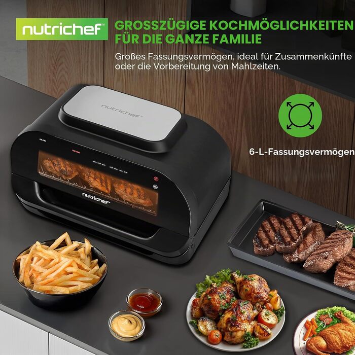 Бездимний гриль-аерофритюр NutriChef 7-в-1, 6 л, зі смарт-термометром, регулюванням температури та антипригарними панелями