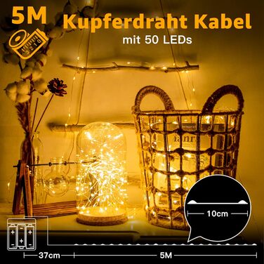 Акумулятор казкових вогнів Ollny 2pcs 5M, 50pcs світлодіодні казкові вогні в приміщенні, мідний дріт казкові вогні IP44 водонепрон