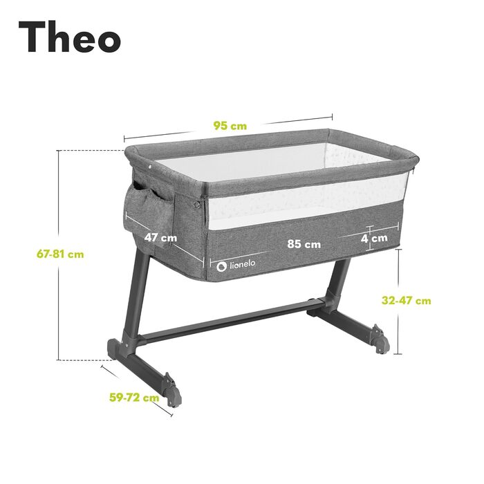 Дитяче ліжечко Lionelo Theo 2-в-1, дорожнє ліжечко, приліжкове ліжечко для дітей від народження до 9 кг, регульована висота, регульований кут нахилу, складна бічна панель, матрац, москітна сітка (сірий) сірий (1 упаковка)