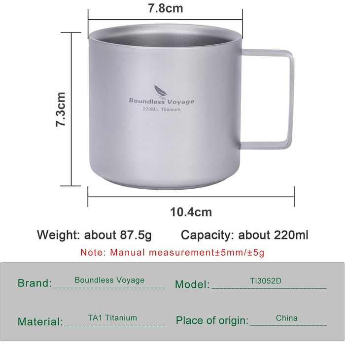 Мл титанова кавова чашка, міні-кухоль з подвійними стінками для еспресо, чаю, кемпінгу та подорожей, міцна, легка, портативний посуд для напоїв, Ti3052D (піскоструйна обробка), сірий, 220