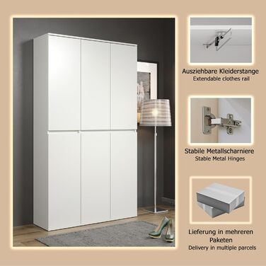 Багатофункціональна шафа - Біла - Шафа з 6 дверима, 12 полицями та 1 вішаком для одягу - (Ш x В x Г) 111 x 191 x 34 см - дверцята без ручок