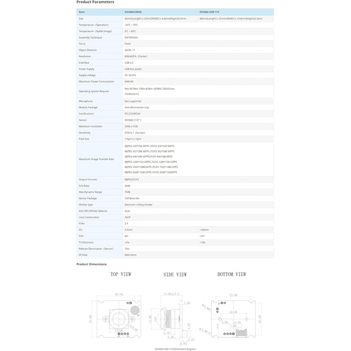 Модуль камери з роздільною здатністю до 2048 x 1536, 3-мегапіксельна міні-камера HD, OmniVision, 110 FOV, сумісна з Win XP/Win7/Win8/Win10/Mac OSX/Linux/Android, 3660 USB-