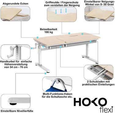 Дитячий стіл з ручним регулюванням висоти, похилою підставкою, регульованою стільницею та підставкою для книг (CELIN та ALVO), стіл під дерево підставка для книг