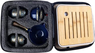 Чайний сервіз Fanquare з порцеляни для подорожей, золотий квітковий візерунок, 4 чашки, чайник та бамбуковий піднос, у дорожній сумці, темно-зелений колір