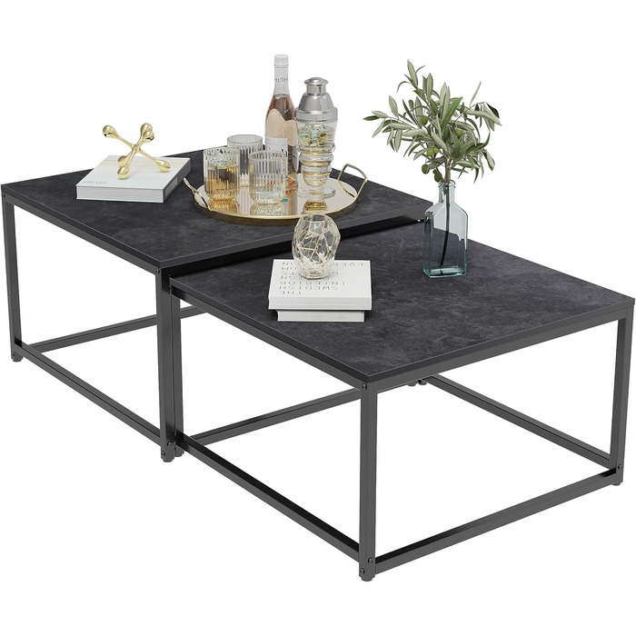 Журнальний столик FATIVO Чорний мармуровий стіл для вітальні Журнальний столик з 2 предметів, сучасний квадратний диван-столик з металевим каркасом для вітальні, великий 656540 см, малий 606034 см