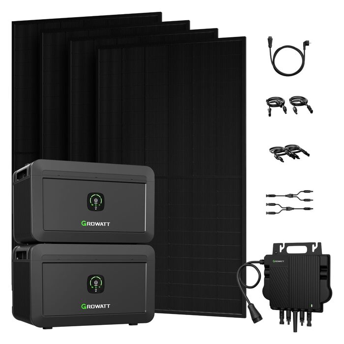 Балконна електростанція потужністю 2000 Вт з накопичувачем 4096 Втгод, Growatt NOAH 20002 з NEO 800 Вт, 4 повністю чорні двосторонні сонячні модулі 500 Вт, повний комплект аксесуарів, plug & play (0 ПДВ) без монтажного кронштейна