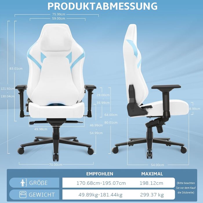 Геймерське крісло, ігрове крісло вантажопідйомністю 200 кг, ергономічне офісне крісло з функцією гойдання, геймерське крісло з підголівником та поперековою опорою, 4D підлокітники, офісне крісло з високою спинкою, ігрове крісло, біло-синє