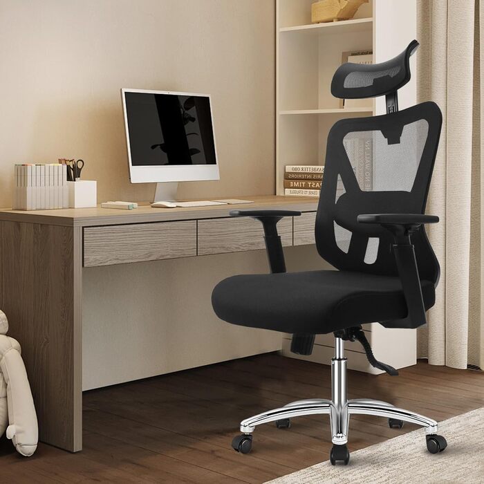 Ергономічне офісне крісло, робоче крісло з регульованою поперековою опорою для тривалого сидіння, функцією нахилу спинки (трирівневий механізм блокування) та регулюванням висоти, обертове крісло, сітчасте крісло, чорне офісне крісло