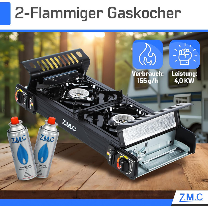 Газова плита для кемпінгу ZMC PREMIUM, 2 конфорки гриль-пластина 45x24 см 16 газових картриджів (227 г), кемпінгова плита із запобіжником запалювання для використання на вулиці та в приміщенні, настільна подвійна газова плита з п&39єзорозпалом для балкону