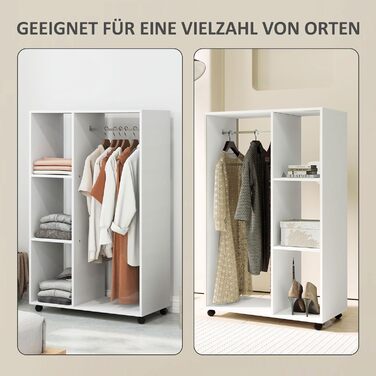 Шафа на колесах, Мобільна шафа, 1 вішалка для одягу, 3 полиці, Шафа, Вішалка для одягу на колесах для коридору, спальні, 80 x 40 x 128 см, Білий