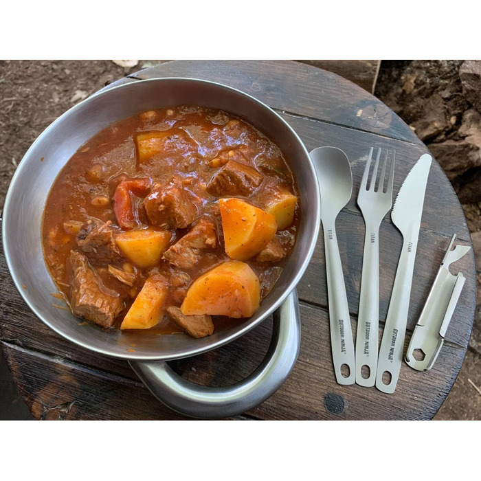 Набір титанових столових приборів надлегкі столові прибори для кемпінгу з ножем, виделкою, ложкою, відкривачкою для пляшок та консервів, включаючи повітропроникний сітчастий чохол для швидкого сушіння