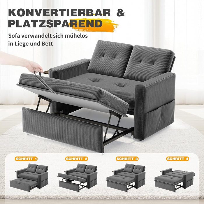 Диван YOUDENOVA з функцією сну, Розкладний диван з 5-позиційною регульованою спинкою, Диван-ліжко зі столиком та бічною кишенею, 2-місний диван-ліжко 177x135 см, Вельветово-сірий